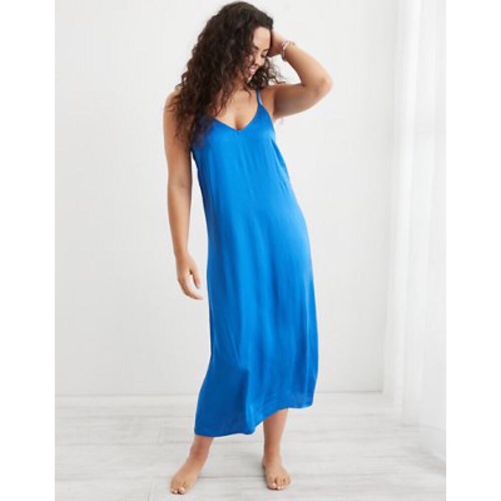 Aerie Blue Satin Slip Midi Dress